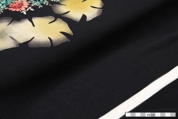 ŠATOVKA PŘÍRODNÍ VLÁKNA šifon černý, růžovo-žlutý květ, kupony po 1,5m